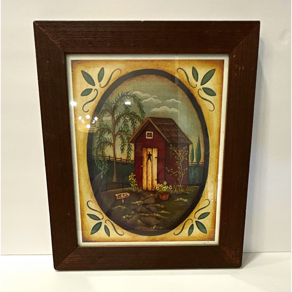 Framed Folk Art Wall Hanging Rustic Barn Scene in Dark Wood Frame